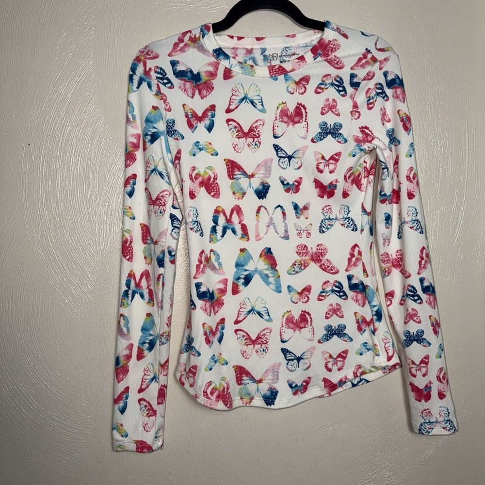 No Boundaries Butterfly Print Rib Knit Long Sleeve Top Juniors Size Med Y2K
